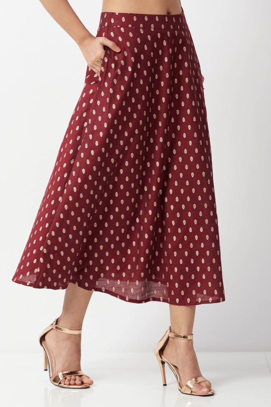 Maroon Ethnic Motif Printed Flared Skirt