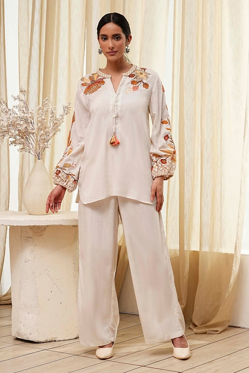 Off-White Embroidered Straight Co-ord Set