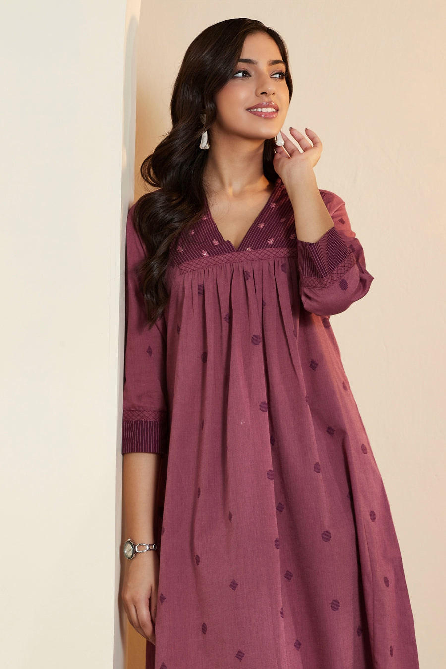 Dusty Rose Pink Printed A-Line Kurta – view 3