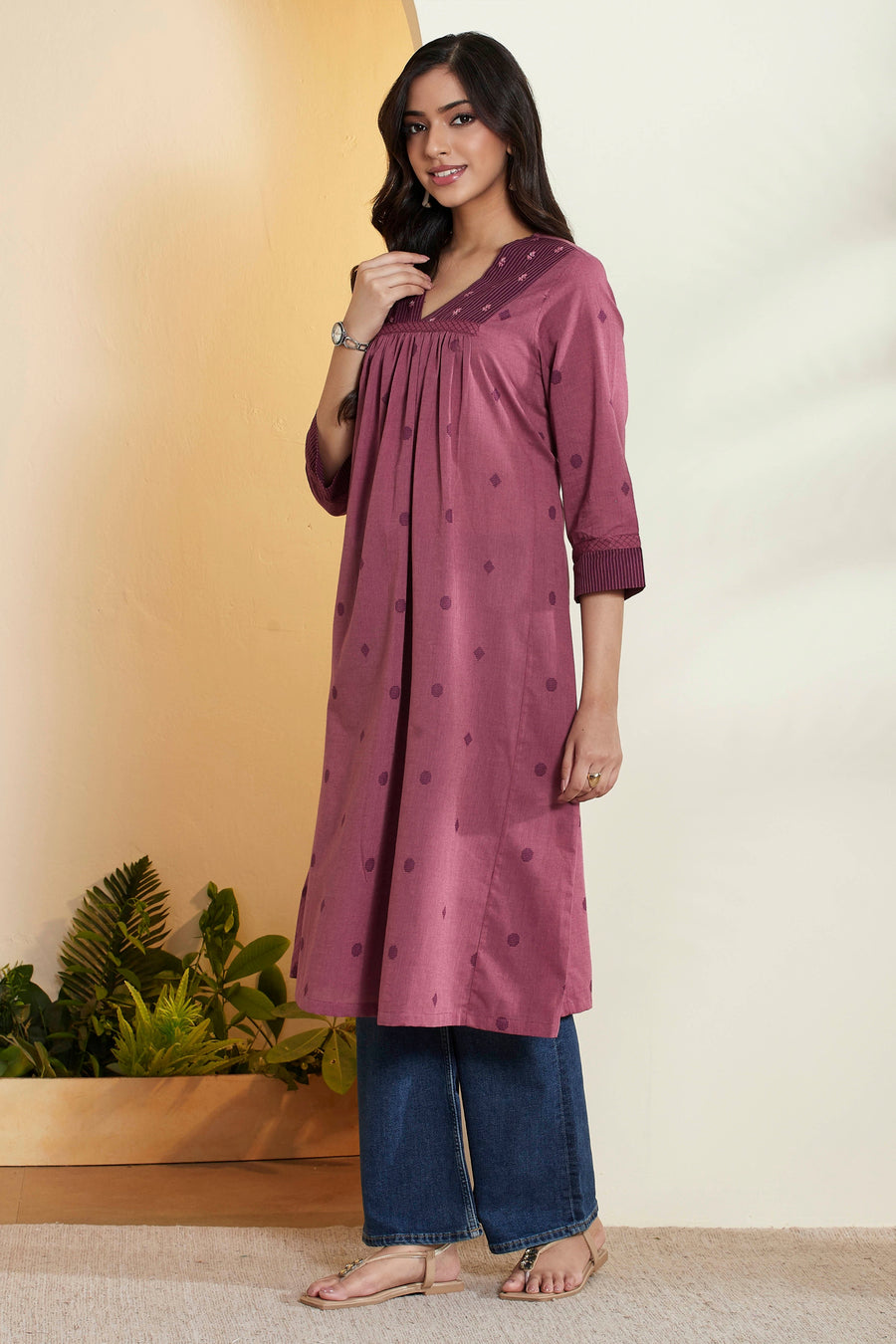 Dusty Rose Pink Printed A-Line Kurta