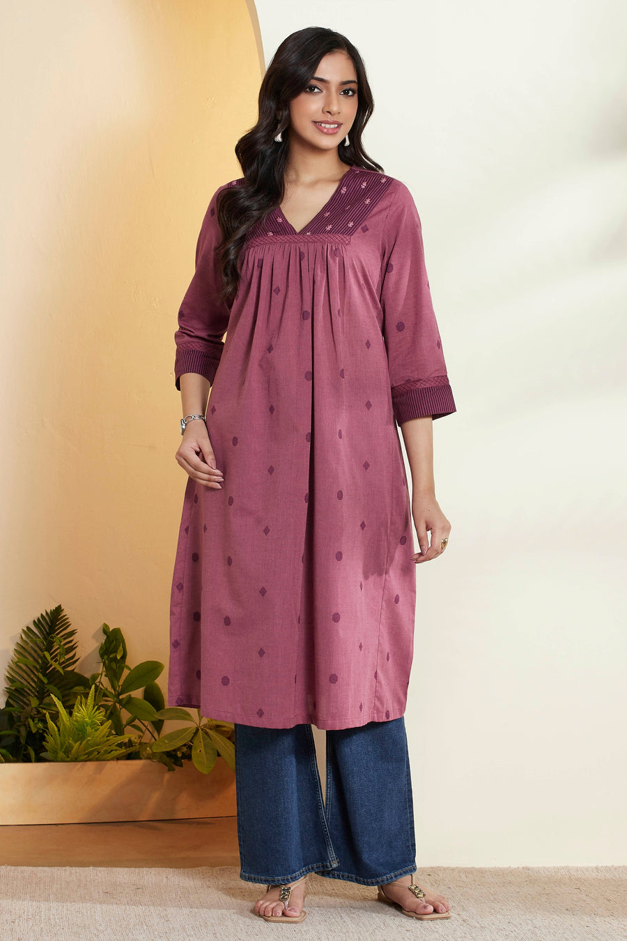 Dusty Rose Pink Printed A-Line Kurta – view 2