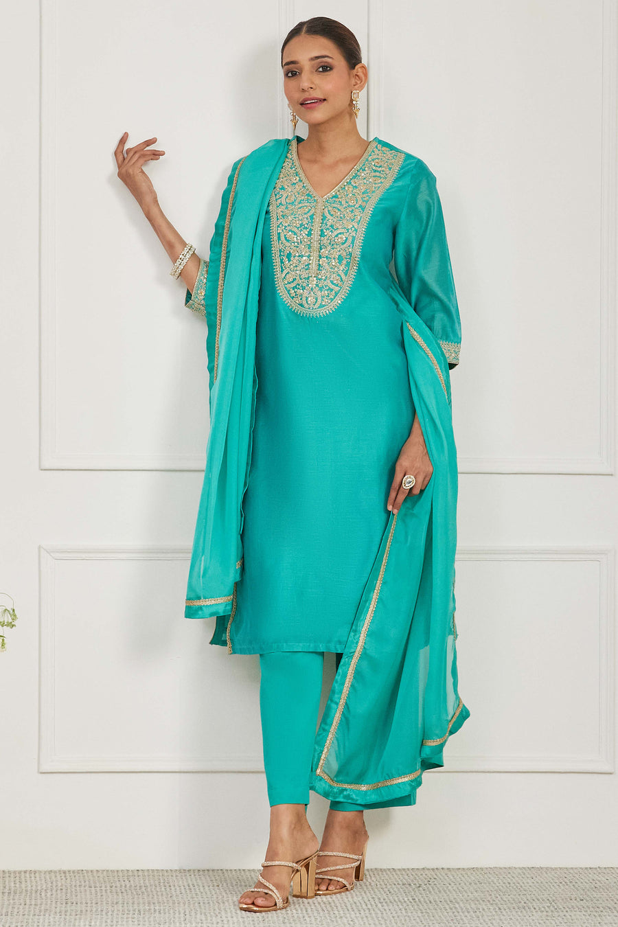 Turquoise Cotton Silk Printed Straight Kurta Set