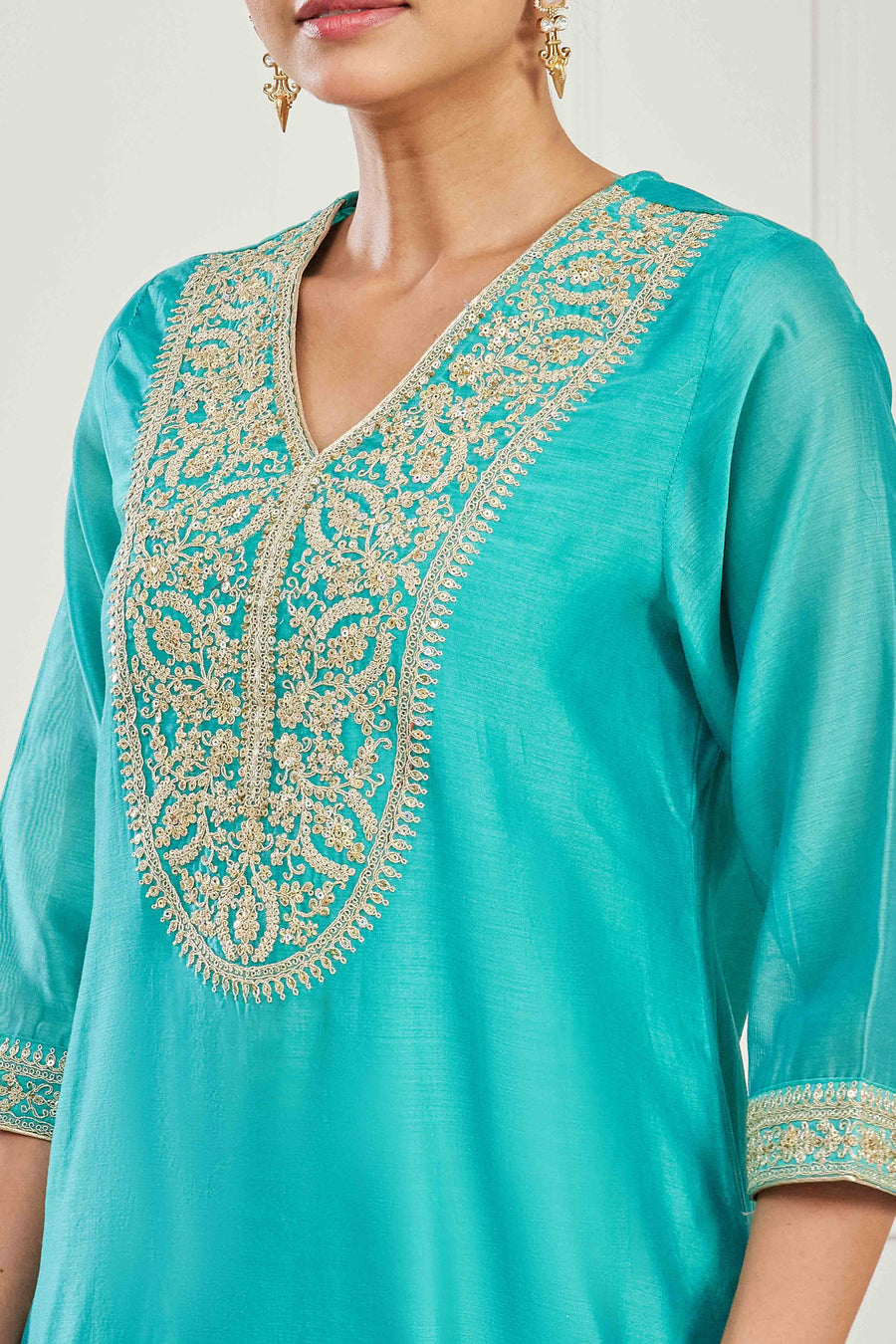 Turquoise Cotton Silk Printed Straight Kurta Set