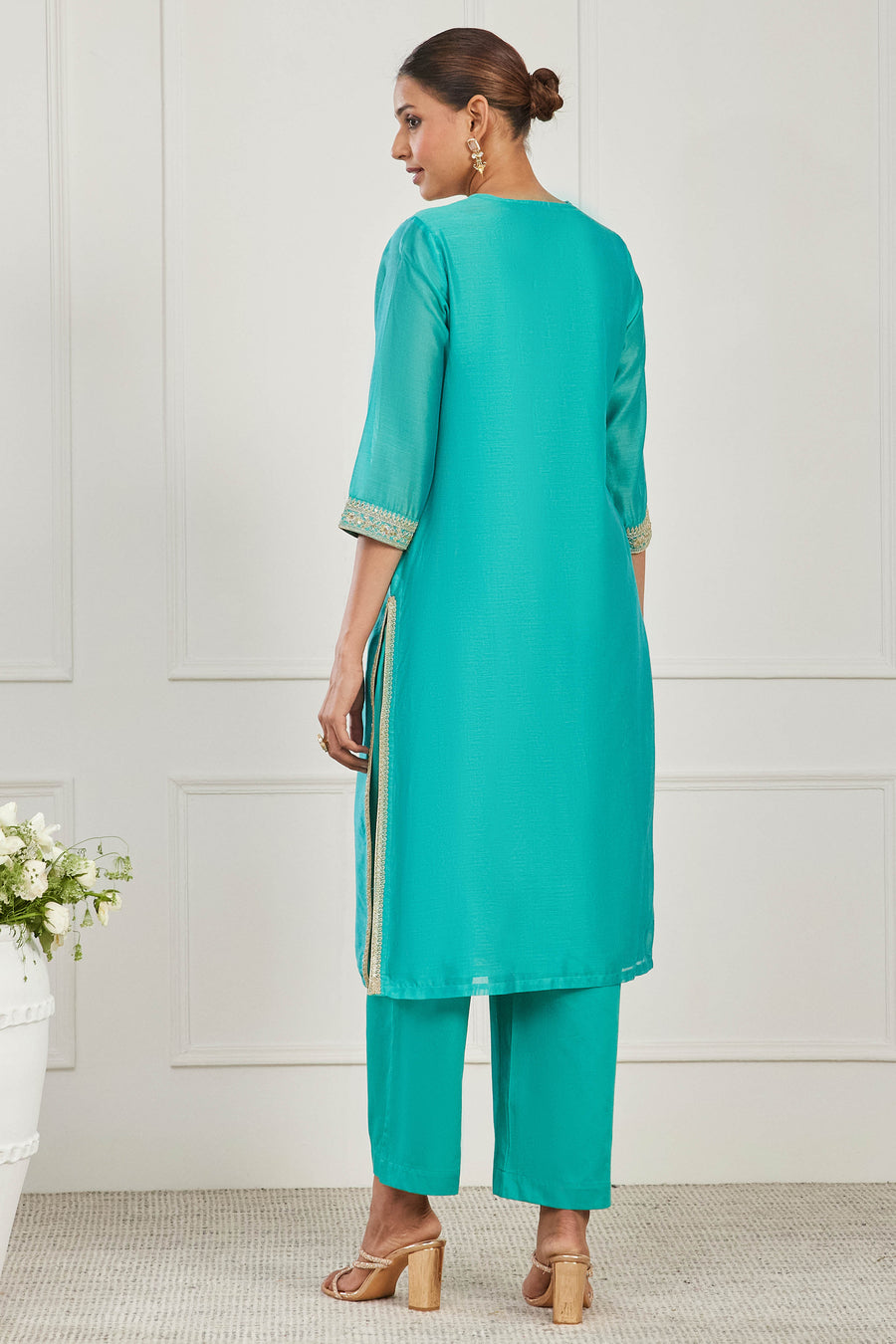Turquoise Cotton Silk Printed Straight Kurta Set
