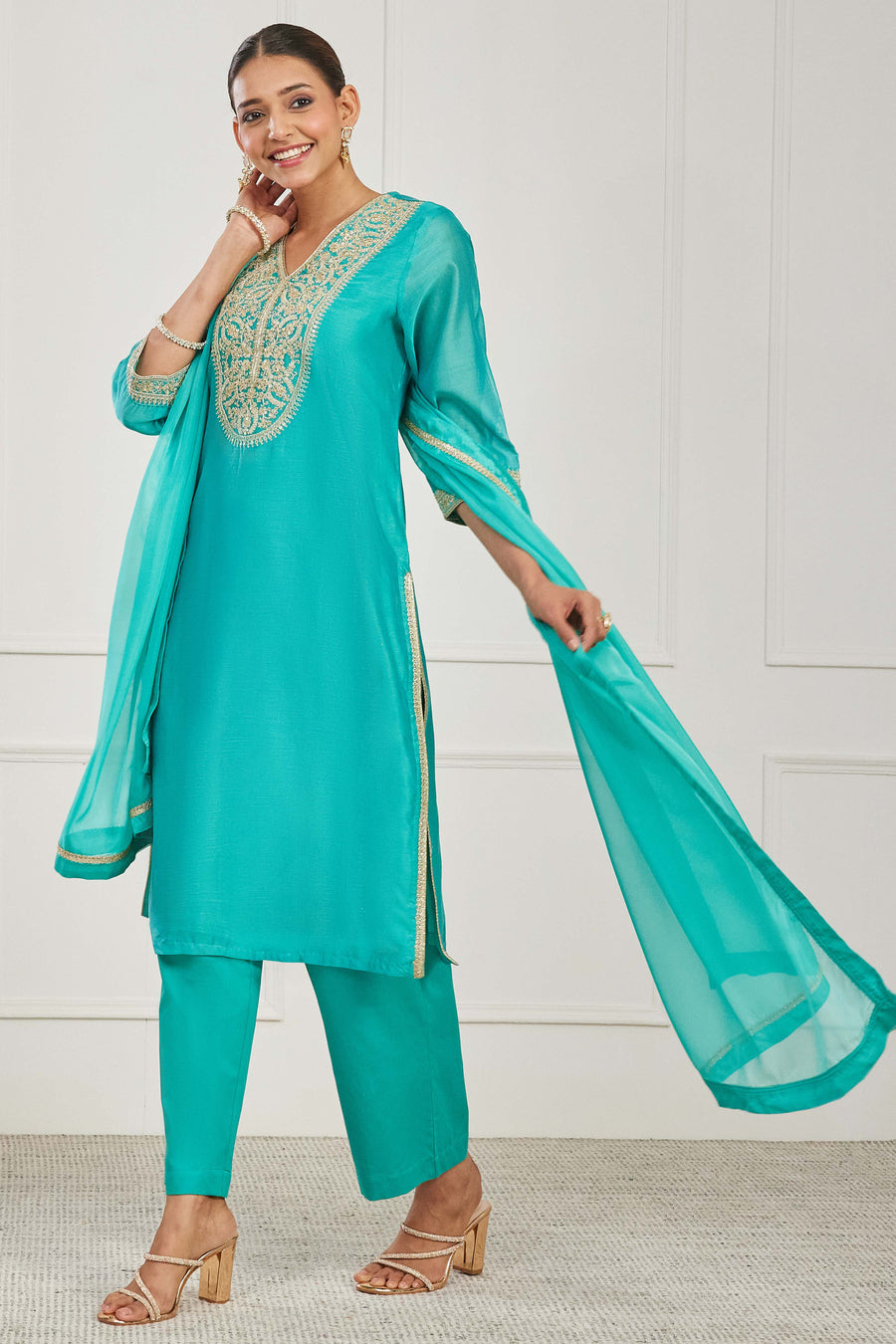 Turquoise Cotton Silk Printed Straight Kurta Set
