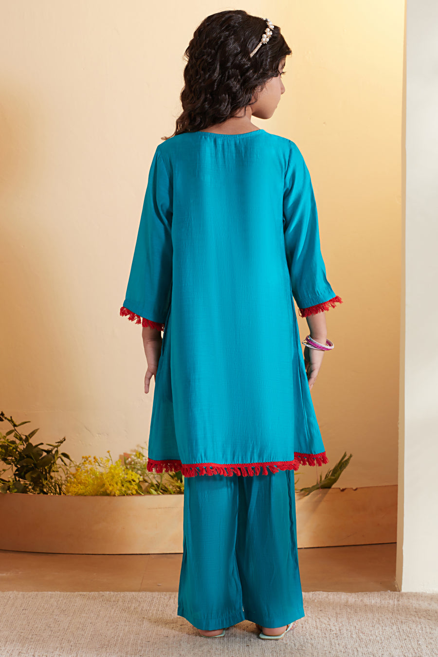 Girls teal pleated A-line kurta set by BIBA, image 3 of 4