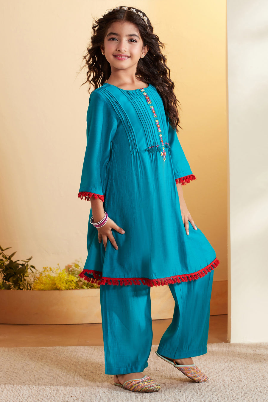 Girls teal pleated A-line kurta set by BIBA, image 4 of 4