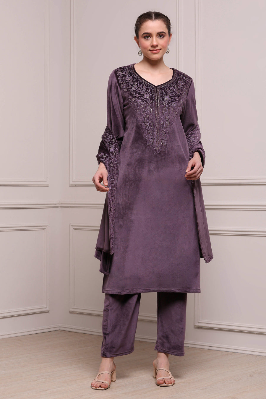 Purple Velvet Straight Suit Set