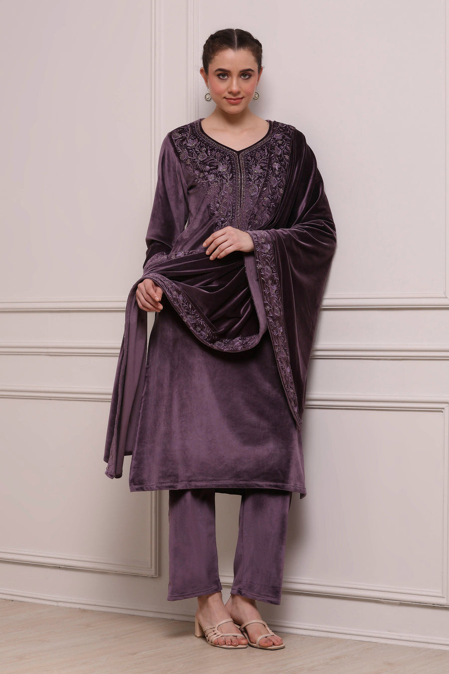 Purple Velvet Straight Suit Set