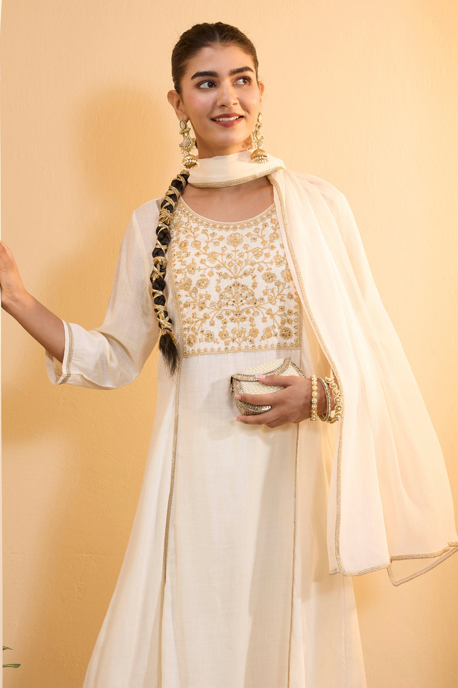 Off-White Viscose Rayon Kalidar Kurta Set