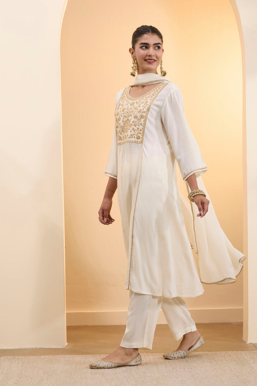 Off-White Viscose Rayon Kalidar Kurta Set