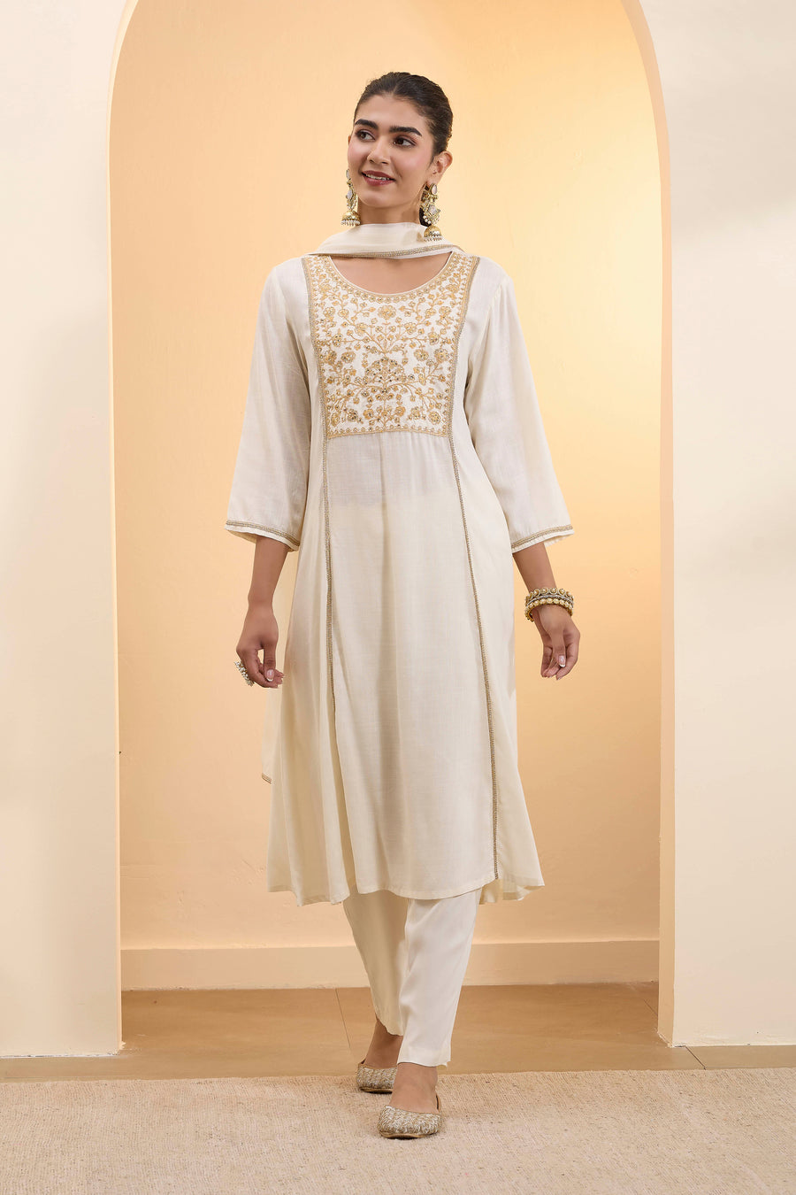 Off-White Viscose Rayon Kalidar Kurta Set