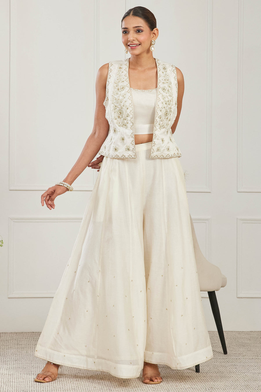 Off White Silk Chanderi Embroidered Co-Ord Set