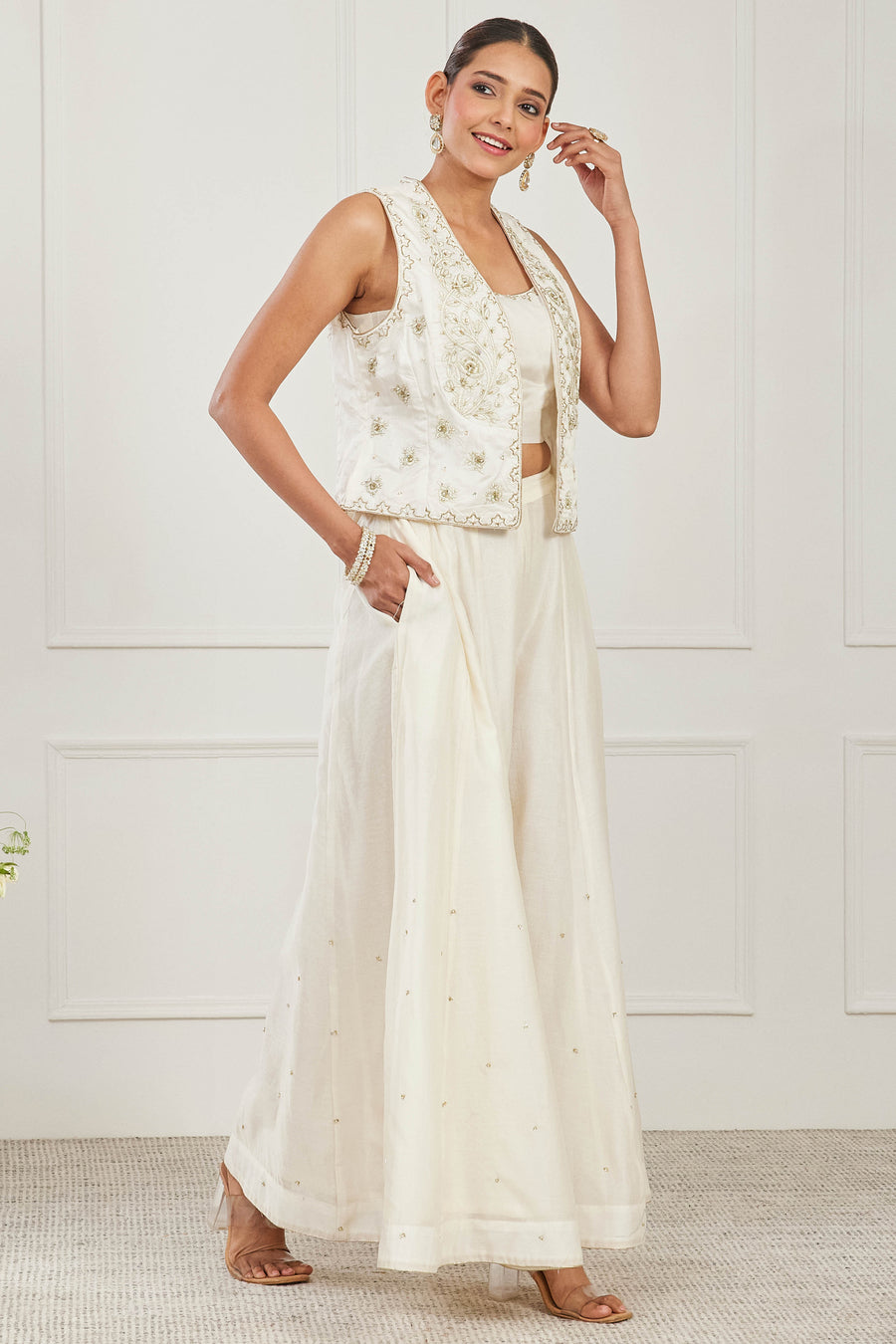 Off White Silk Chanderi Embroidered Co-Ord Set