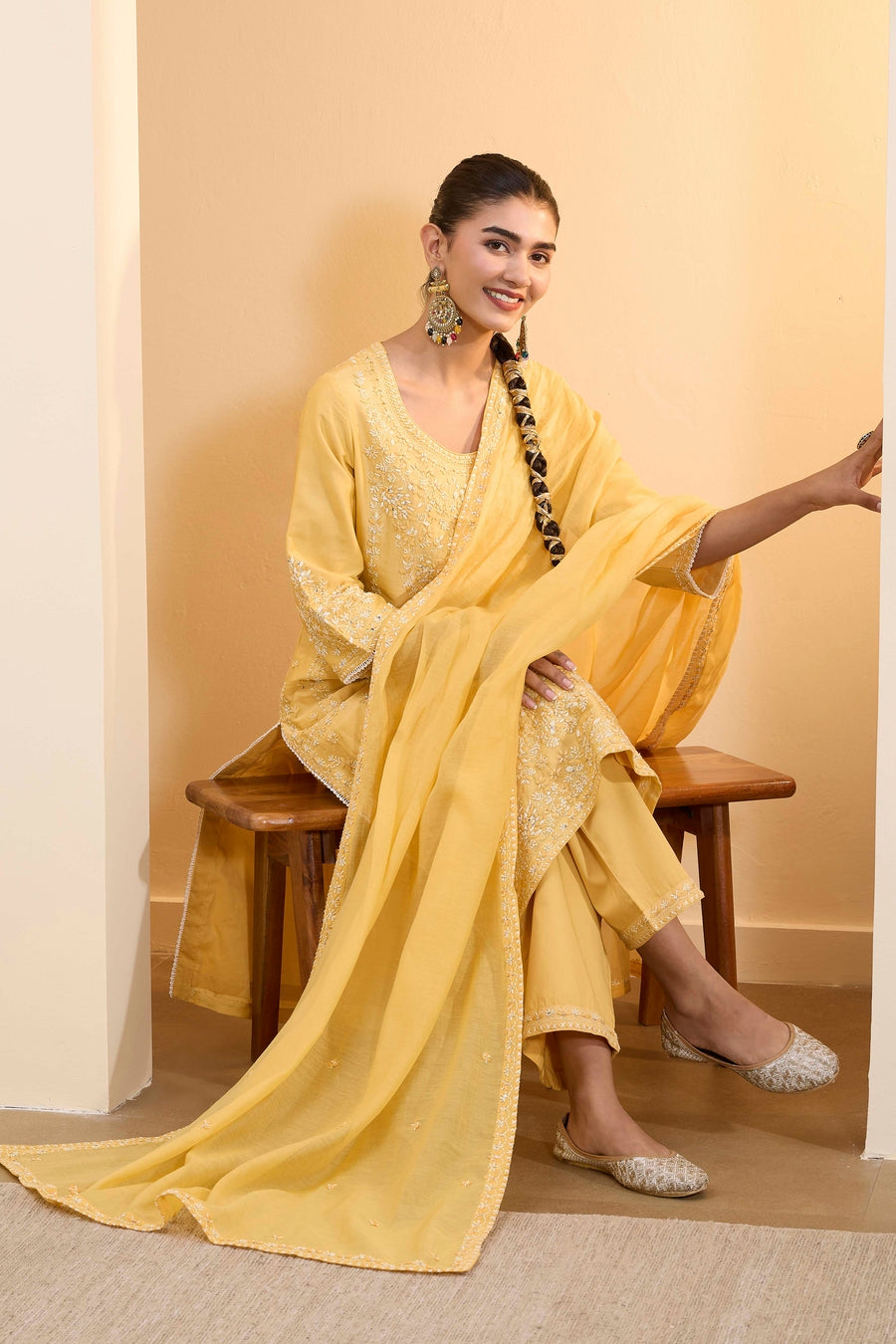Yellow Silk Chanderi Embroidered Straight Kurta Set