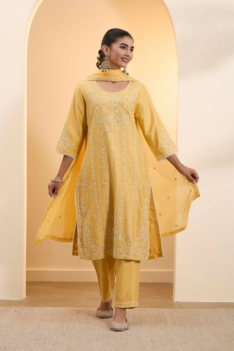 Yellow Silk Chanderi Embroidered Straight Kurta Set