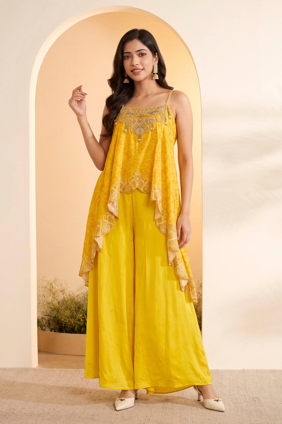 Yellow Embellished Asymmetric Top with Wide-Leg Palazzo Pants Set