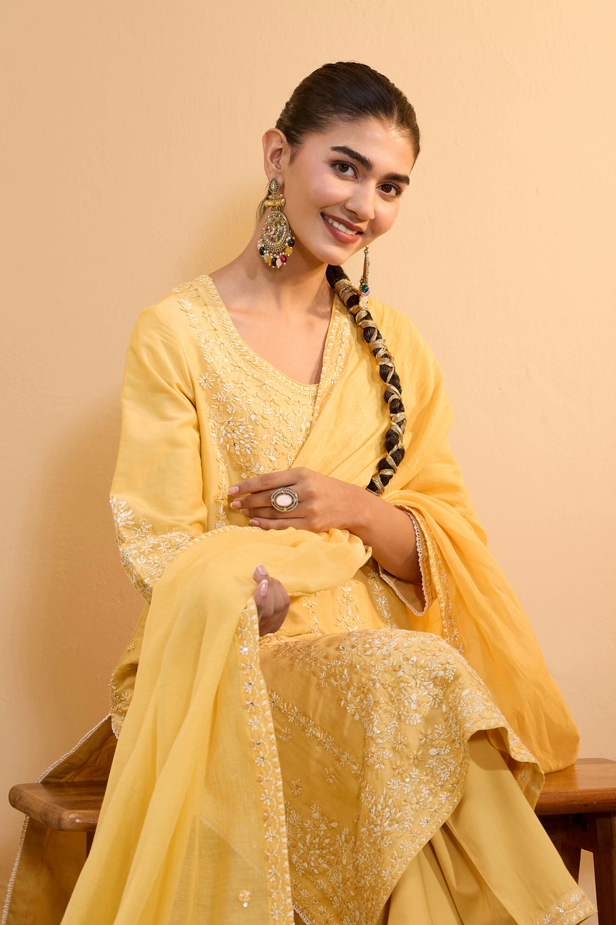Yellow Silk Chanderi Embroidered Straight Kurta Set