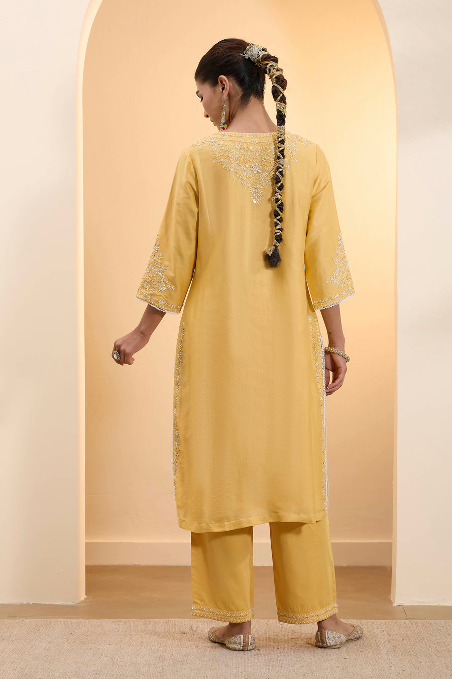 Yellow Silk Chanderi Embroidered Straight Kurta Set