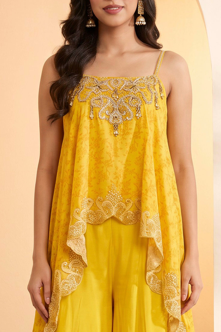 Yellow Embellished Asymmetric Top with Wide-Leg Palazzo Pants Set – view 2