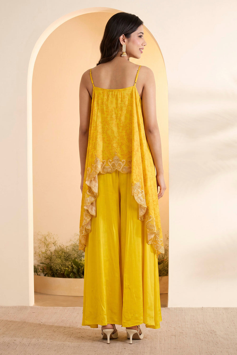 Yellow Embellished Asymmetric Top with Wide-Leg Palazzo Pants Set – view 3