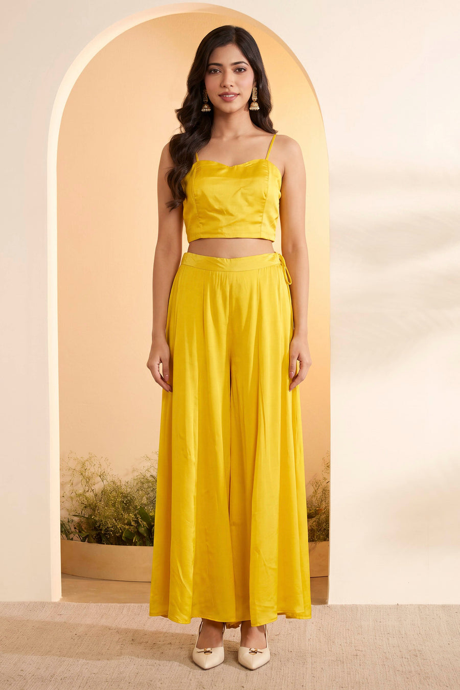 Yellow Embellished Asymmetric Top with Wide-Leg Palazzo Pants Set – view 4