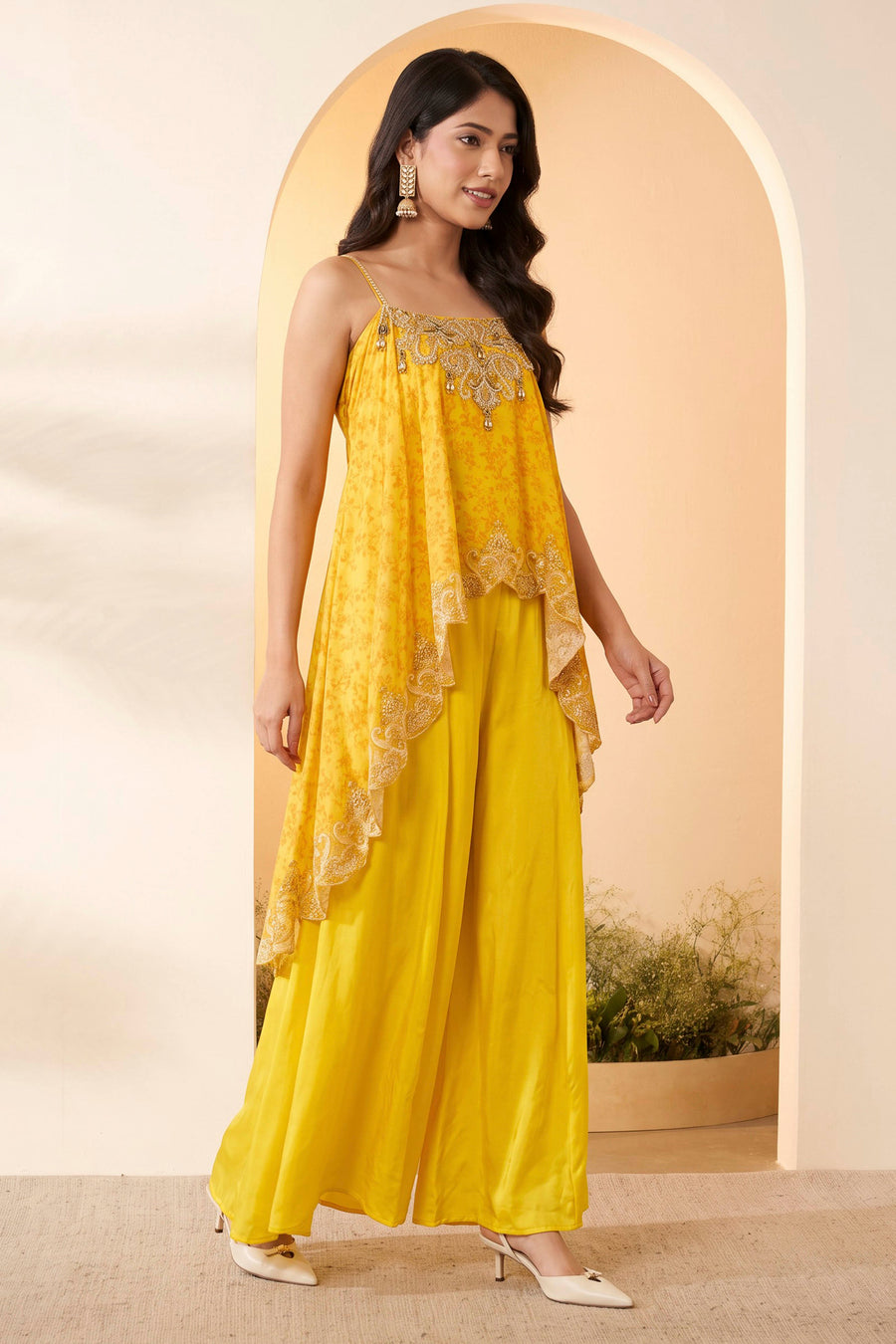 Yellow Embellished Asymmetric Top with Wide-Leg Palazzo Pants Set – view 5