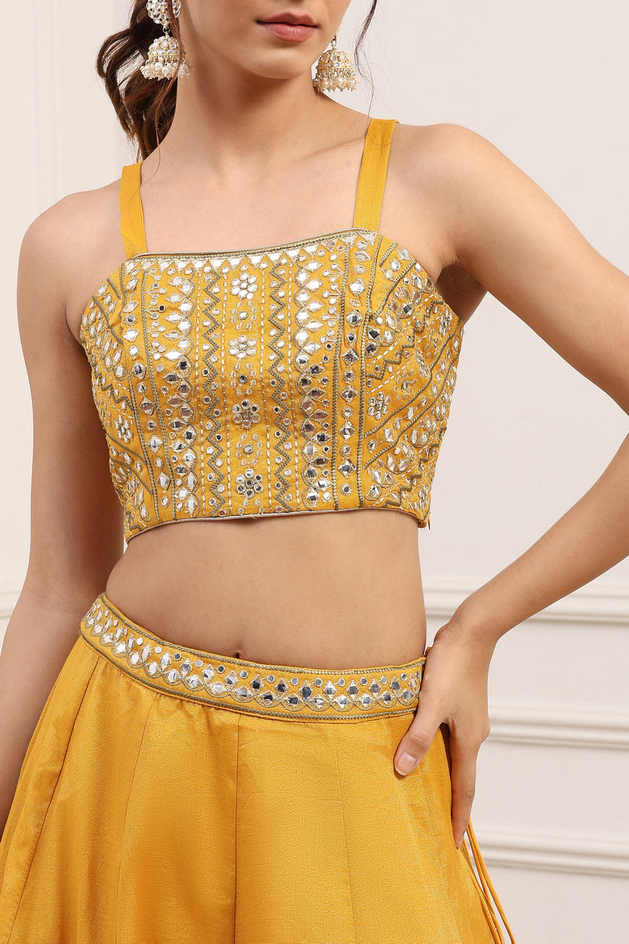 Yellow Cotton Zari Tissue Embroidered Lehenga Set