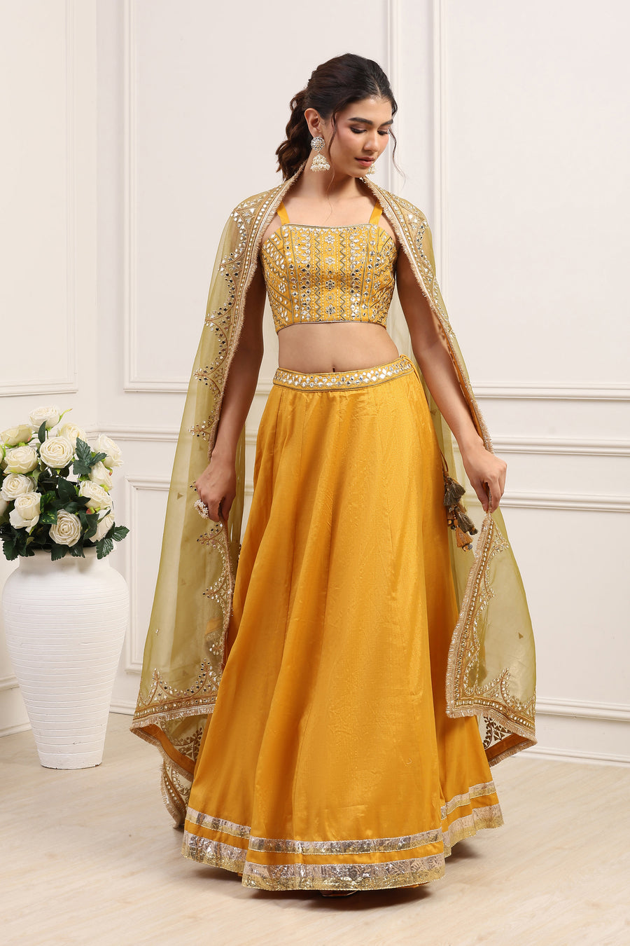 Yellow Cotton Zari Tissue Embroidered Lehenga Set