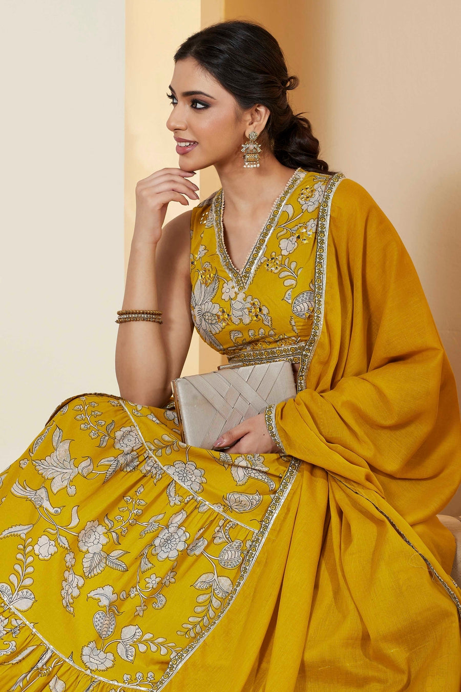 Yellow Floral Printed Lehenga Choli Set