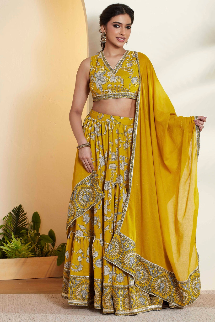 Yellow Floral Printed Lehenga Choli Set