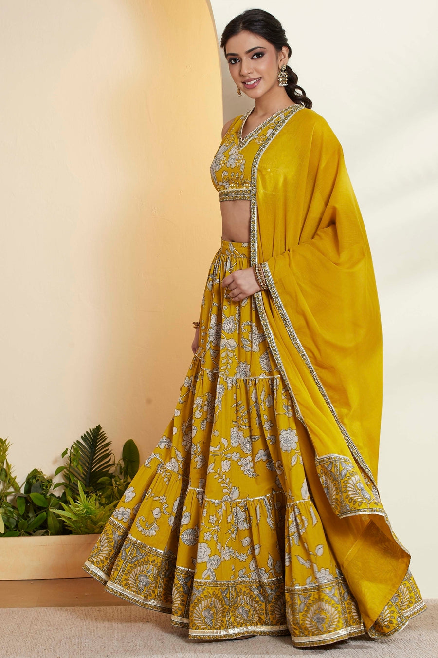 Yellow Floral Printed Lehenga Choli Set