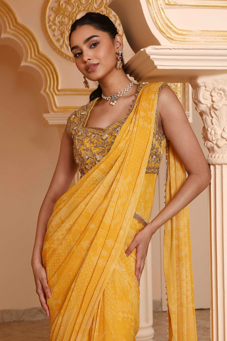 Yellow Poly Georgette Digital Printed Gown Saree