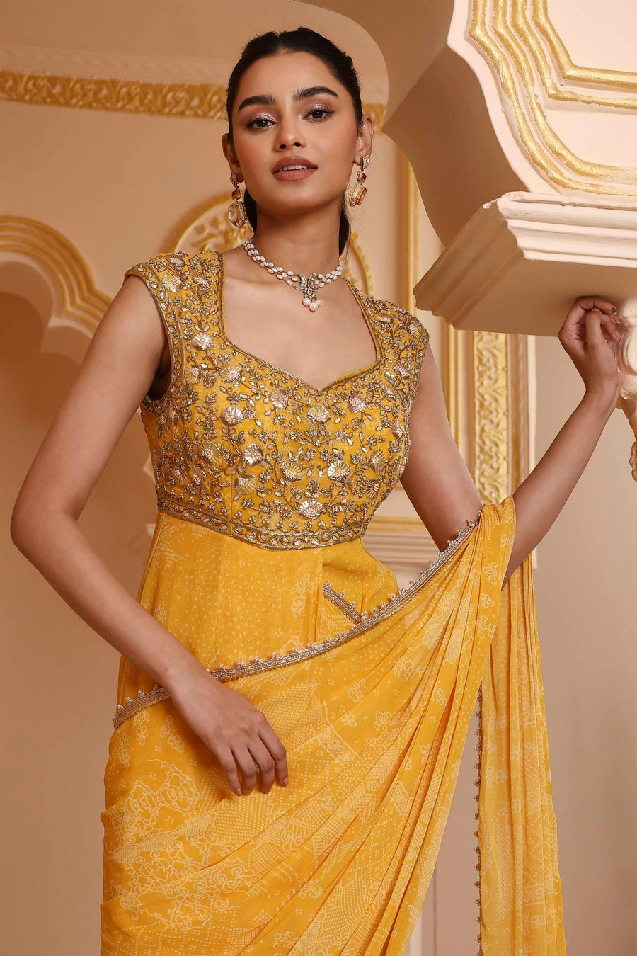 Yellow Poly Georgette Digital Printed Gown Saree
