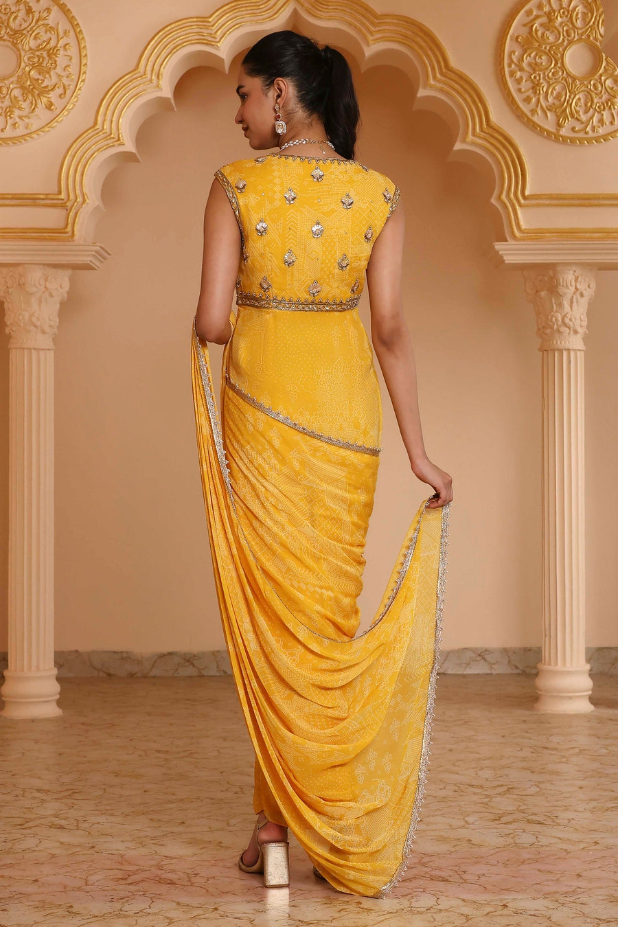 Yellow Poly Georgette Digital Printed Gown Saree